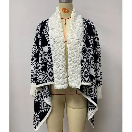 Women's Black and White Geometric Sweater Cardigan with Textured Cream Interior