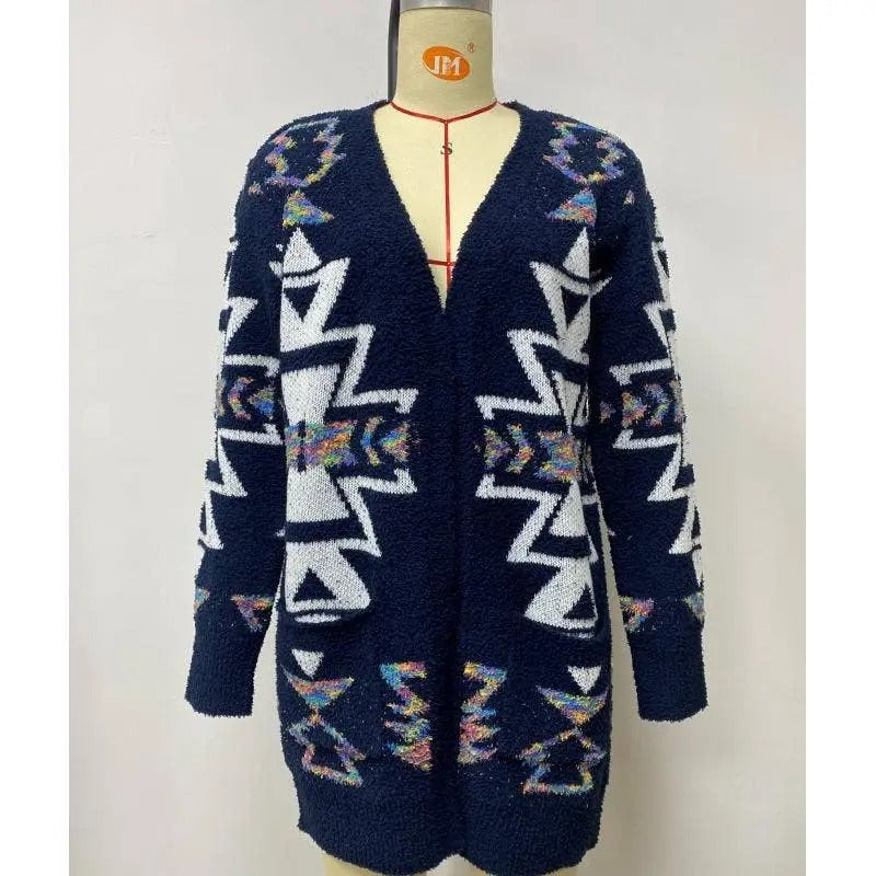 Women's Navy Geometric Patterned Sweater Cardigan