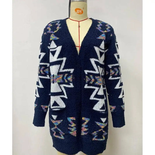 Women's Navy Geometric Patterned Sweater Cardigan