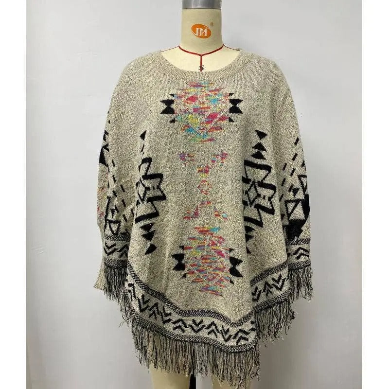 Women's Geometric Pattern Fringe Poncho Sweater