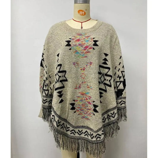 Women's Geometric Pattern Fringe Poncho Sweater