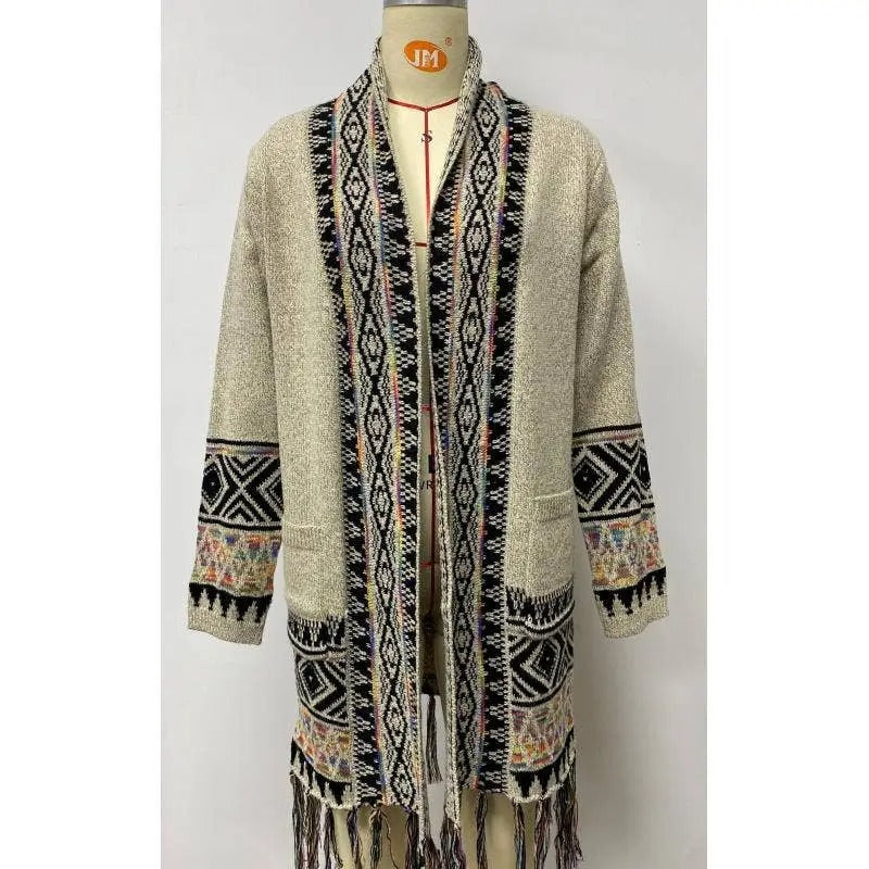 Women's Geometric Patterned Open Front Cardigan with Fringe Trim
