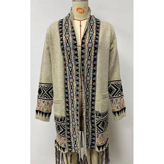 Women's Geometric Patterned Open Front Cardigan with Fringe Trim