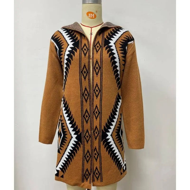 Women's Geometric Patterned Cardigan with Hooded Neckline