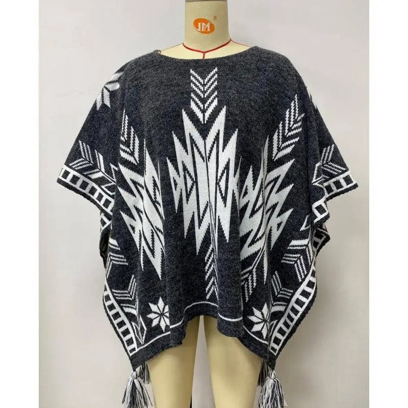 Women's Black and White Geometric Knit Poncho with Fringe Trim