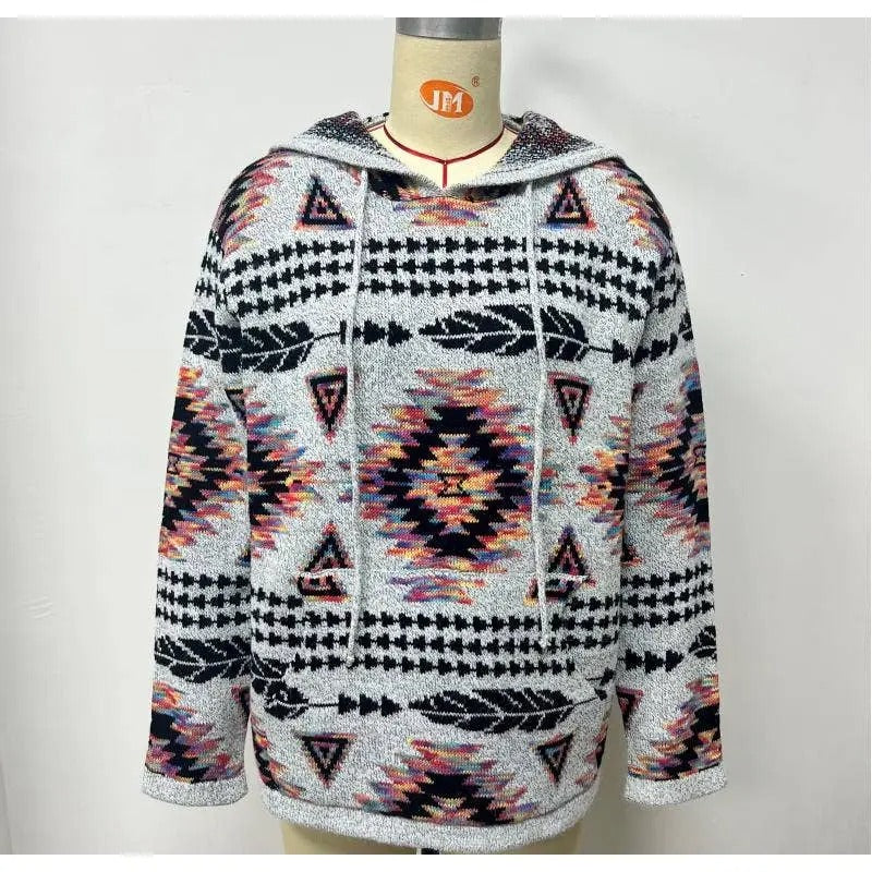 Women's Geometric Patterned Hooded Pullover Knit Sweater