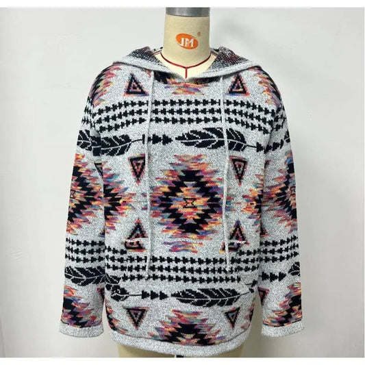 Women's Geometric Patterned Hooded Pullover Knit Sweater