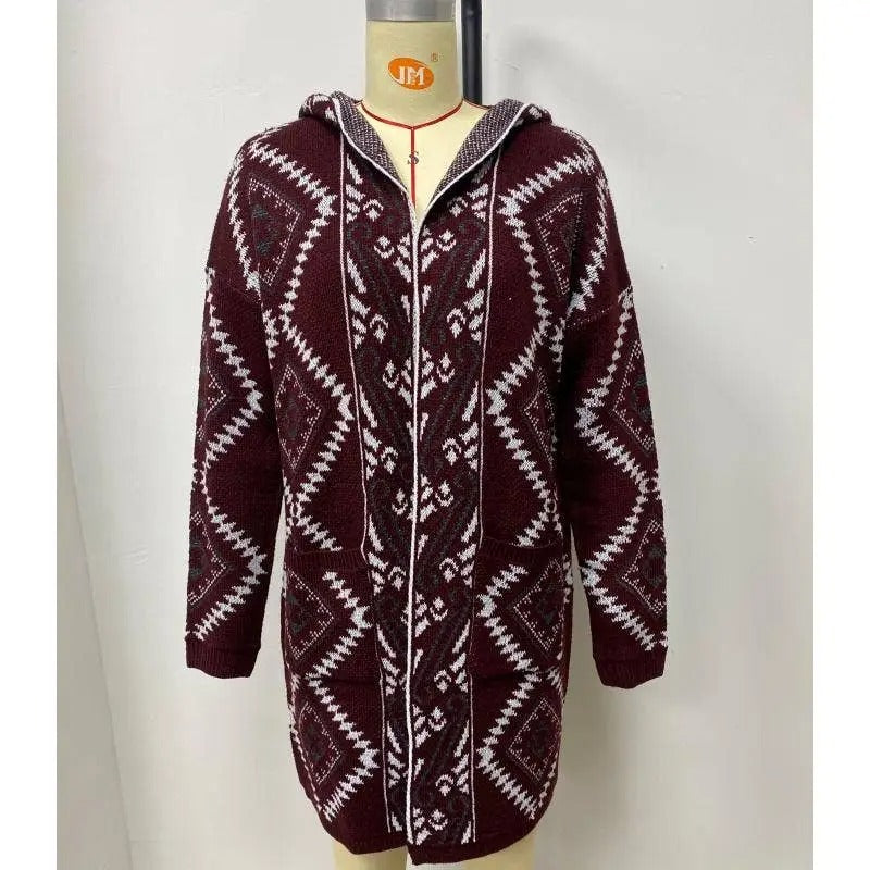 Women's Maroon Fair Isle Zip-Up Hooded Cardigan