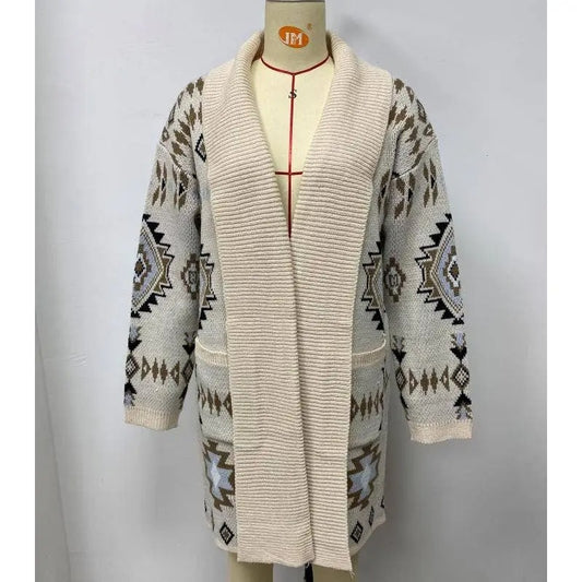 Women's Aztec Geometric Cardigan with Ribbed Front