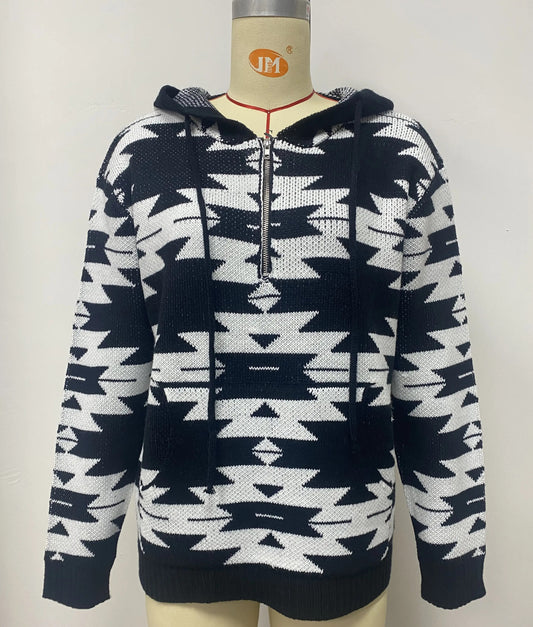 Women's Geometric Patterned Hoodie Sweater