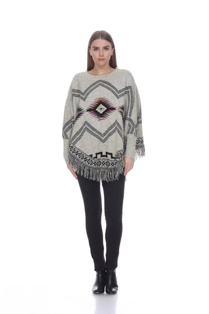 Women's Geometric Patterned Poncho with Fringe Trim
