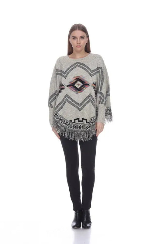 Women's Geometric Patterned Poncho with Fringe Trim
