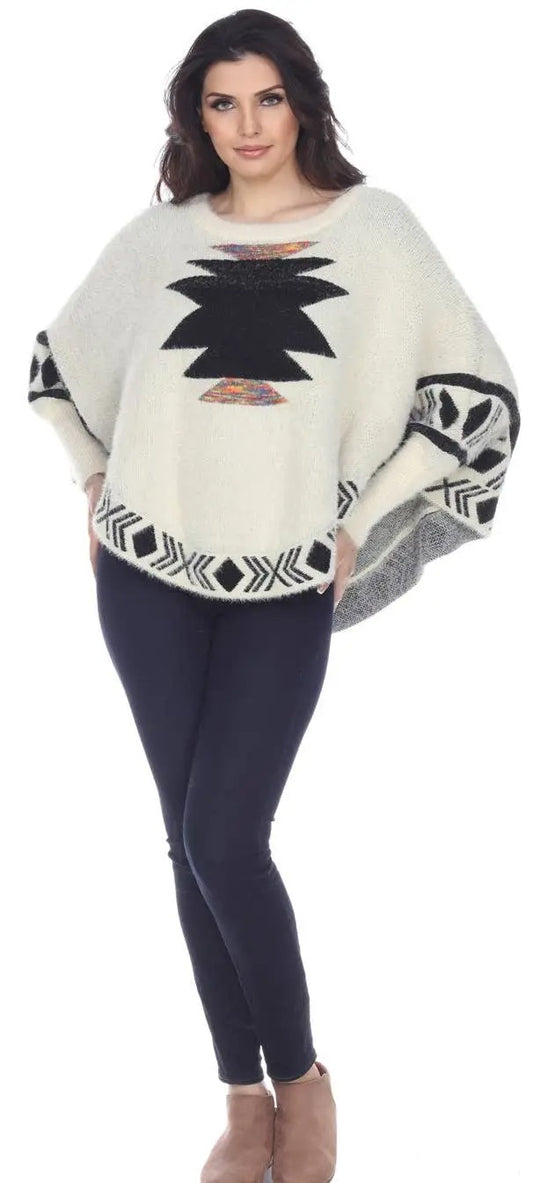 Women's Geometric Pattern Knit Poncho Sweater