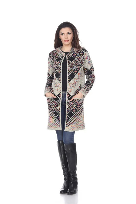 Women's Patterned Knit Cardigan Coat with Geometric Design
