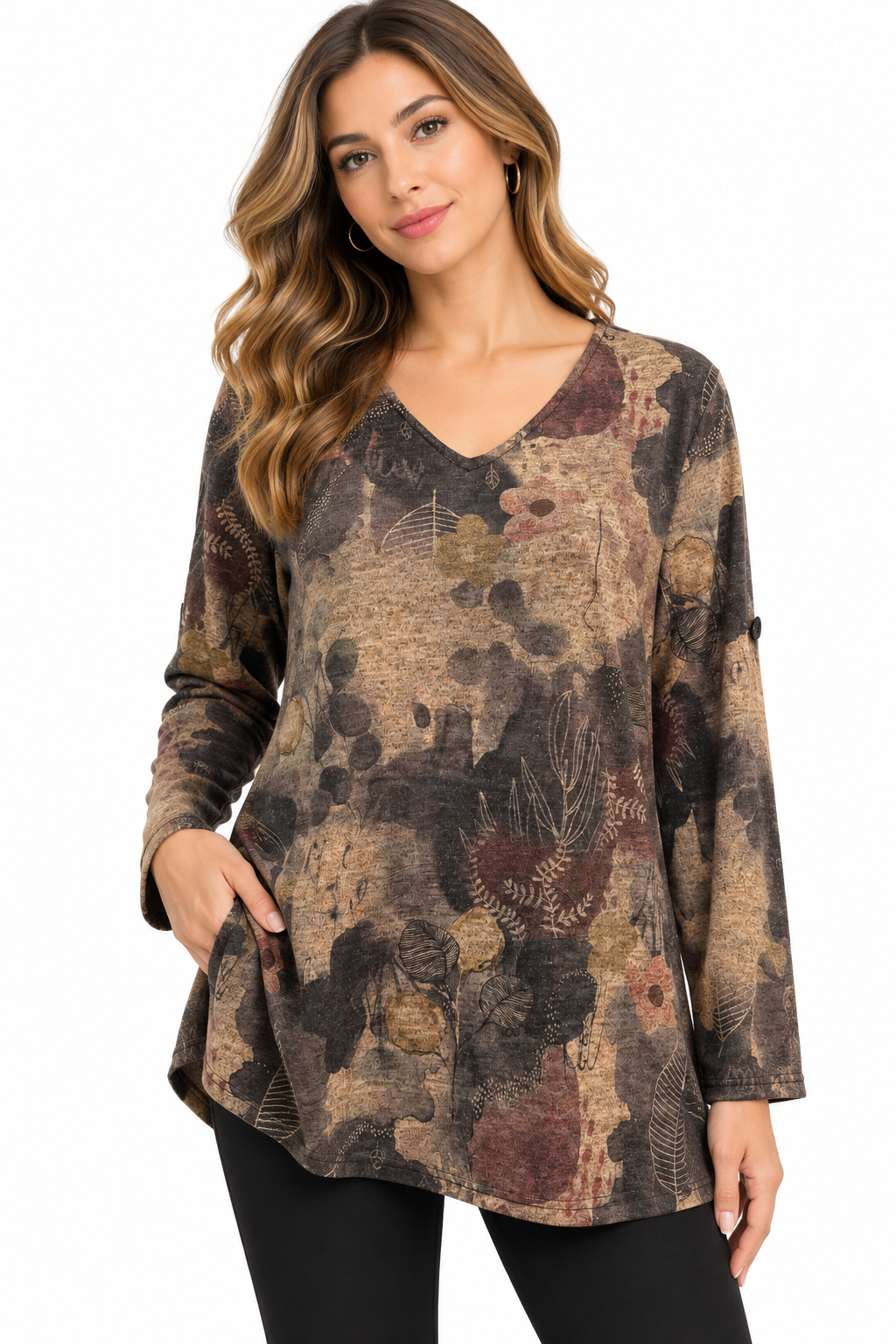 women's forest dark tap slv V neck Tunic top