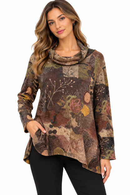 women's Tree of life cowl neck back button Tunic top