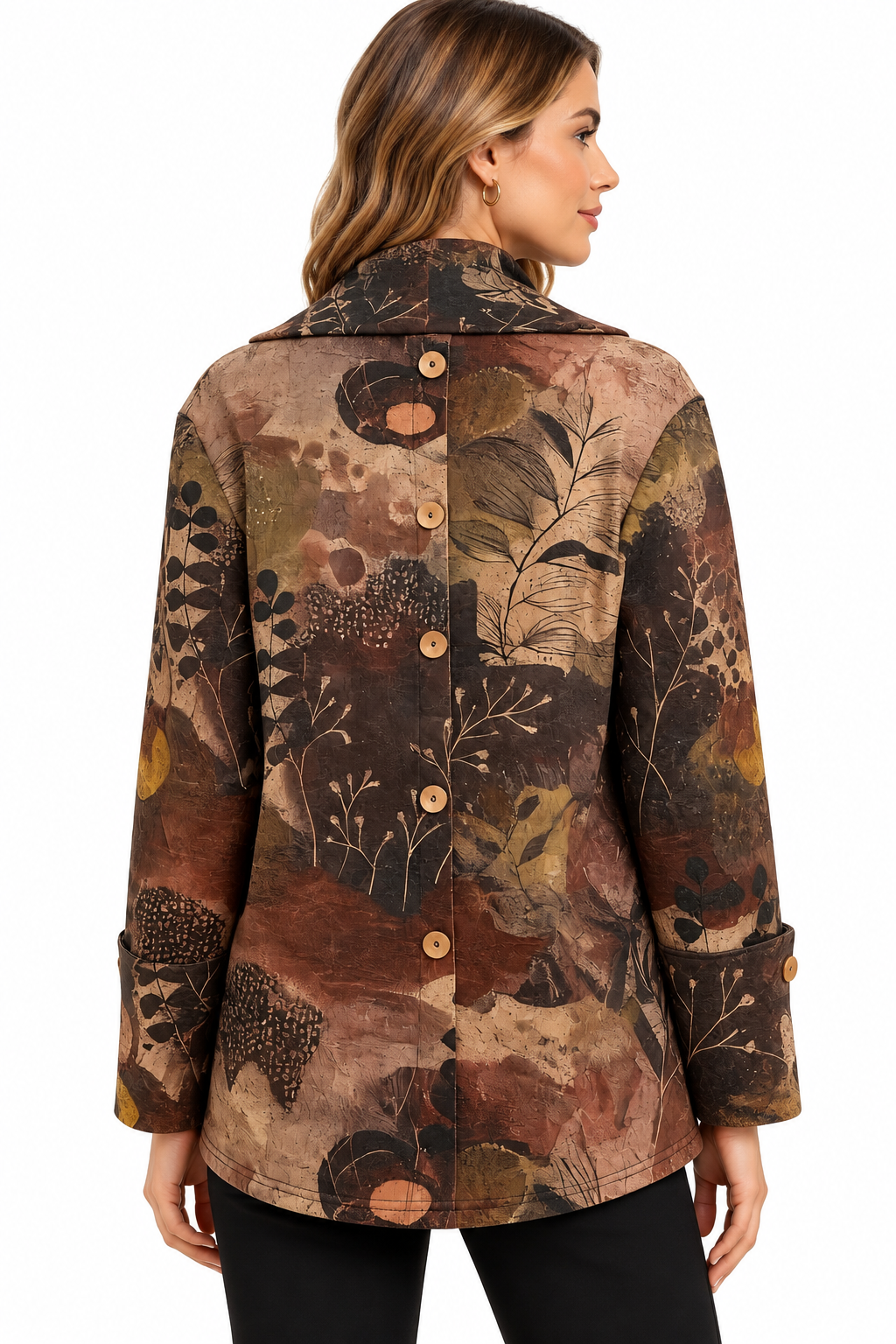 women's Tree of life cowl neck back button Tunic top