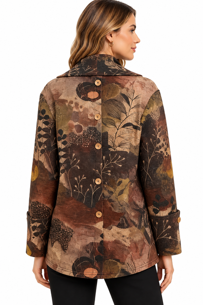 women's Tree of life cowl neck back button Tunic top