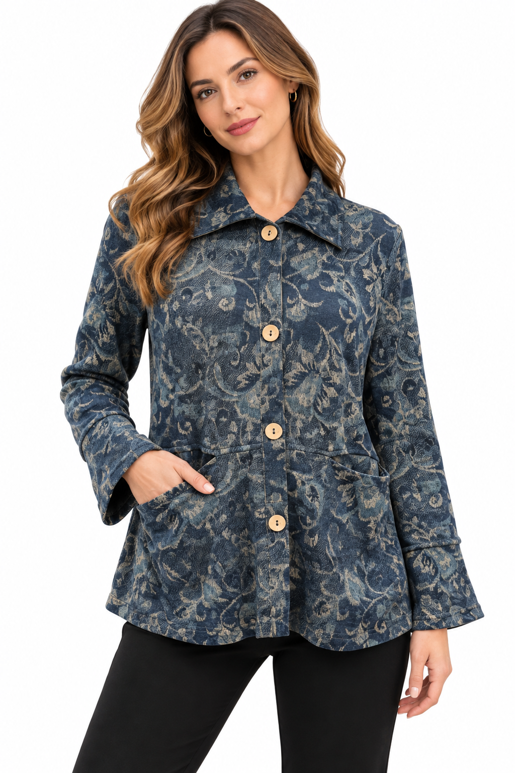 Women's denim blue pocket front button down Shirt