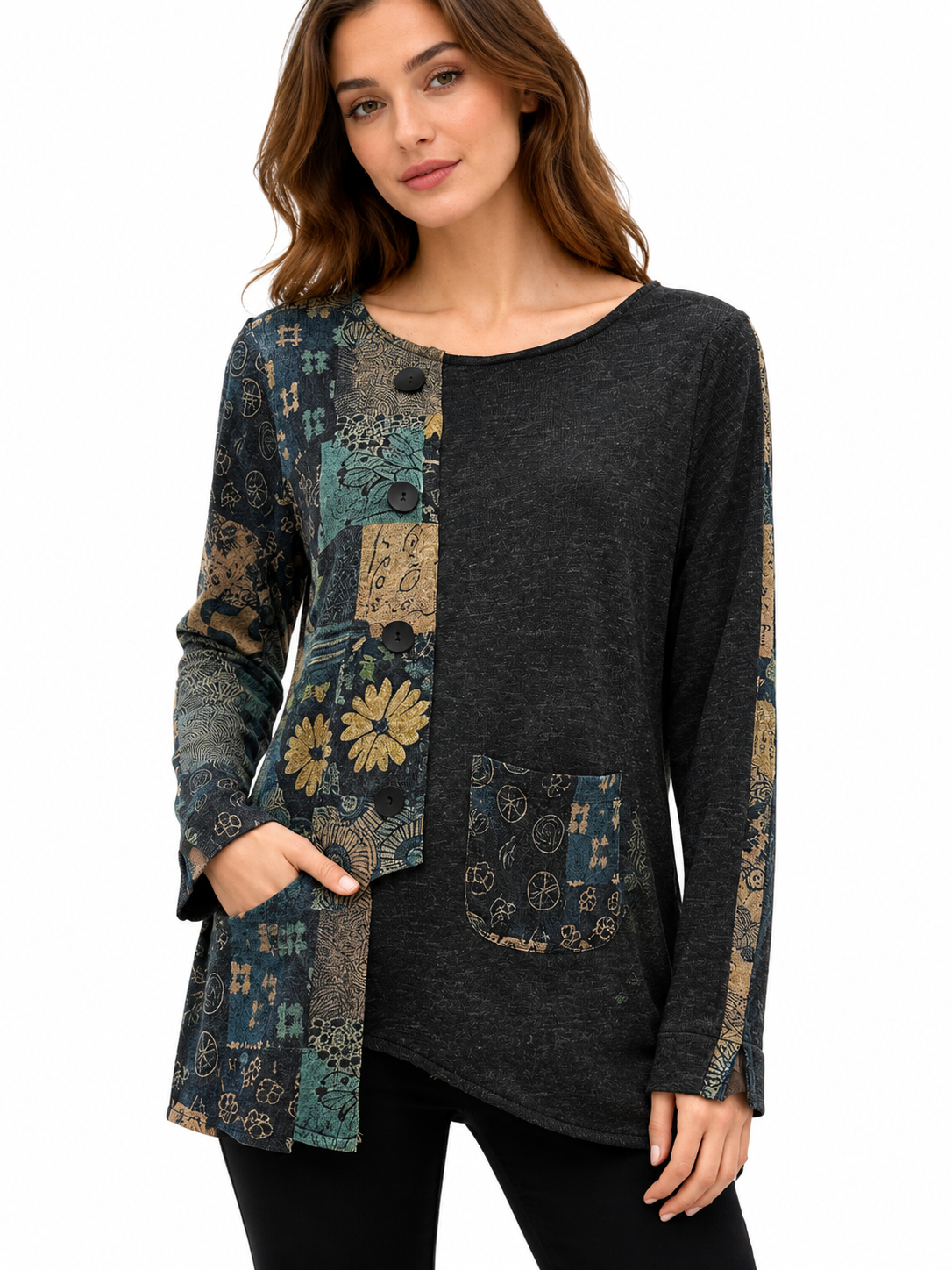 Women's Asymmetrical floral cut pocket two tone top