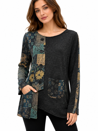 Women's Asymmetrical floral cut pocket two tone top