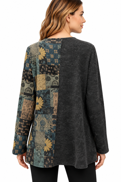 Women's Asymmetrical floral cut pocket two tone top
