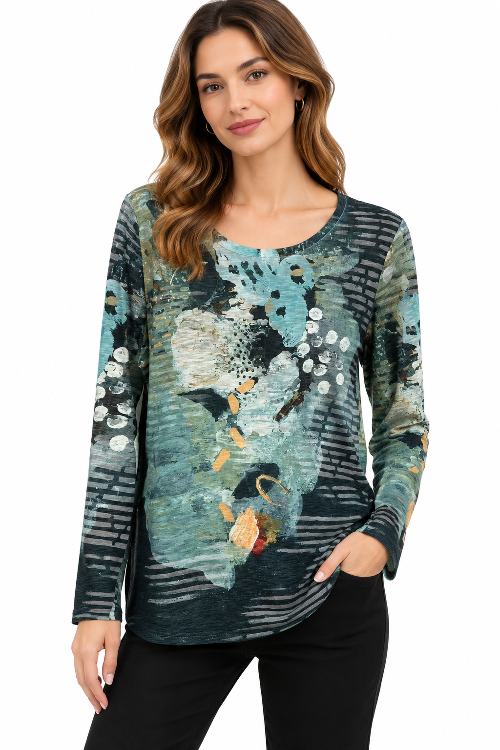 Women's abstract water color floral Round neck Top