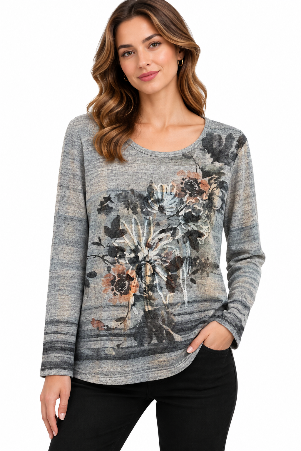 Women's Grey Multi flower watercolor artistic Top