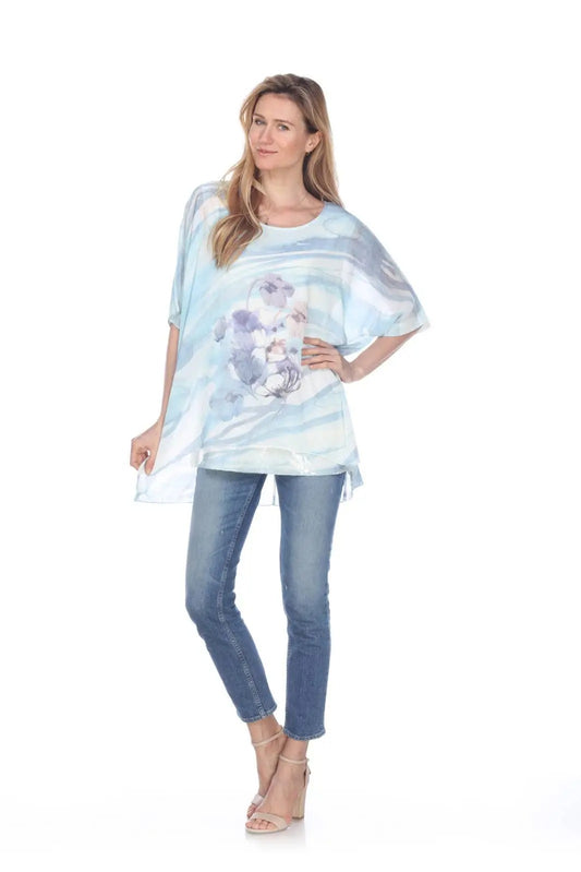 Women's Floral Print Tunic Top with Blue Striped Pattern