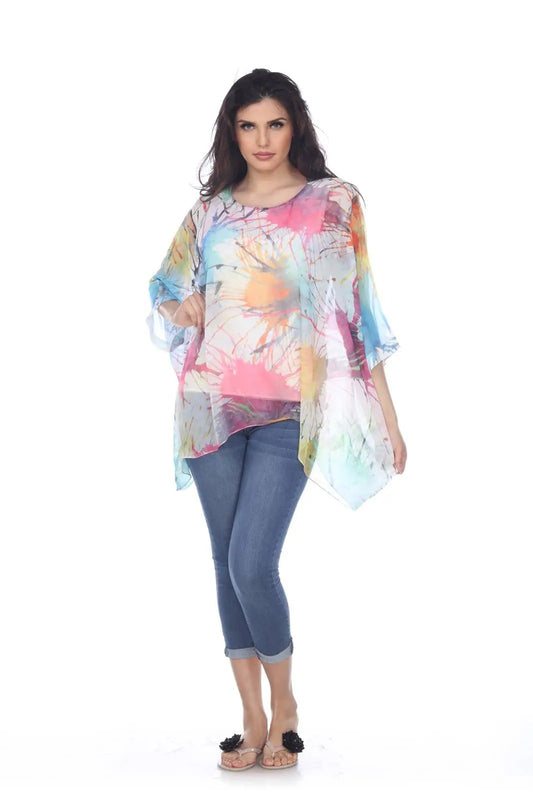 Women's Watercolor Print Poncho Tunic with Asymmetrical Hem