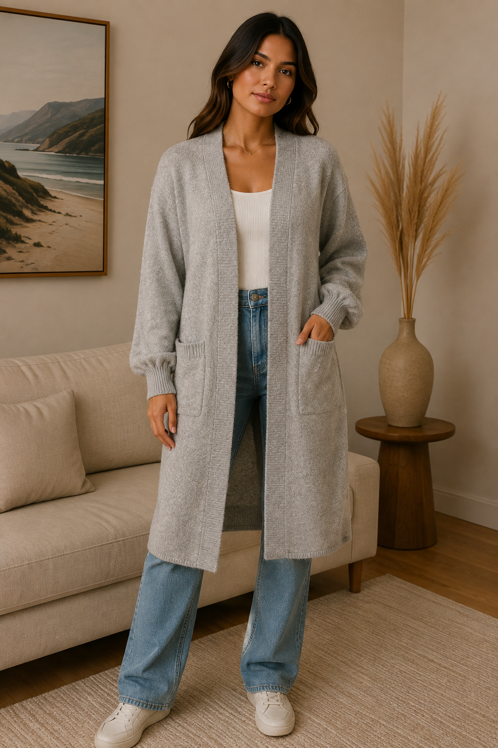 Women's double pocket light grey sweater cardigan