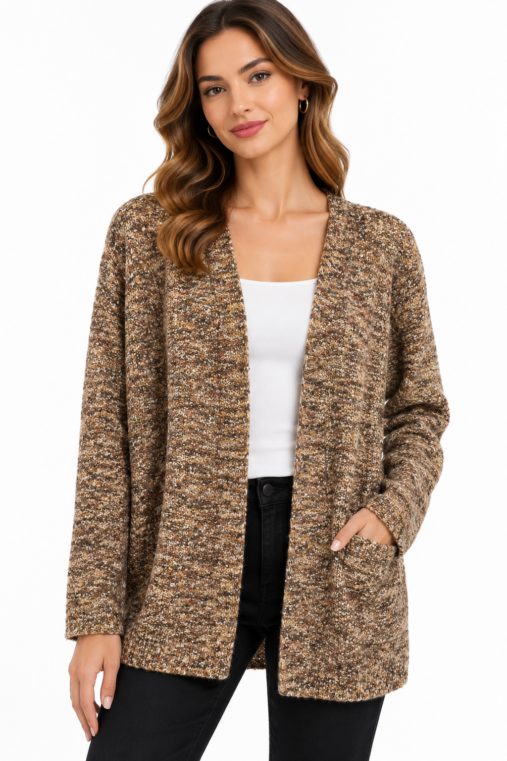 Women's Brown multi open front Sweater Cardigan
