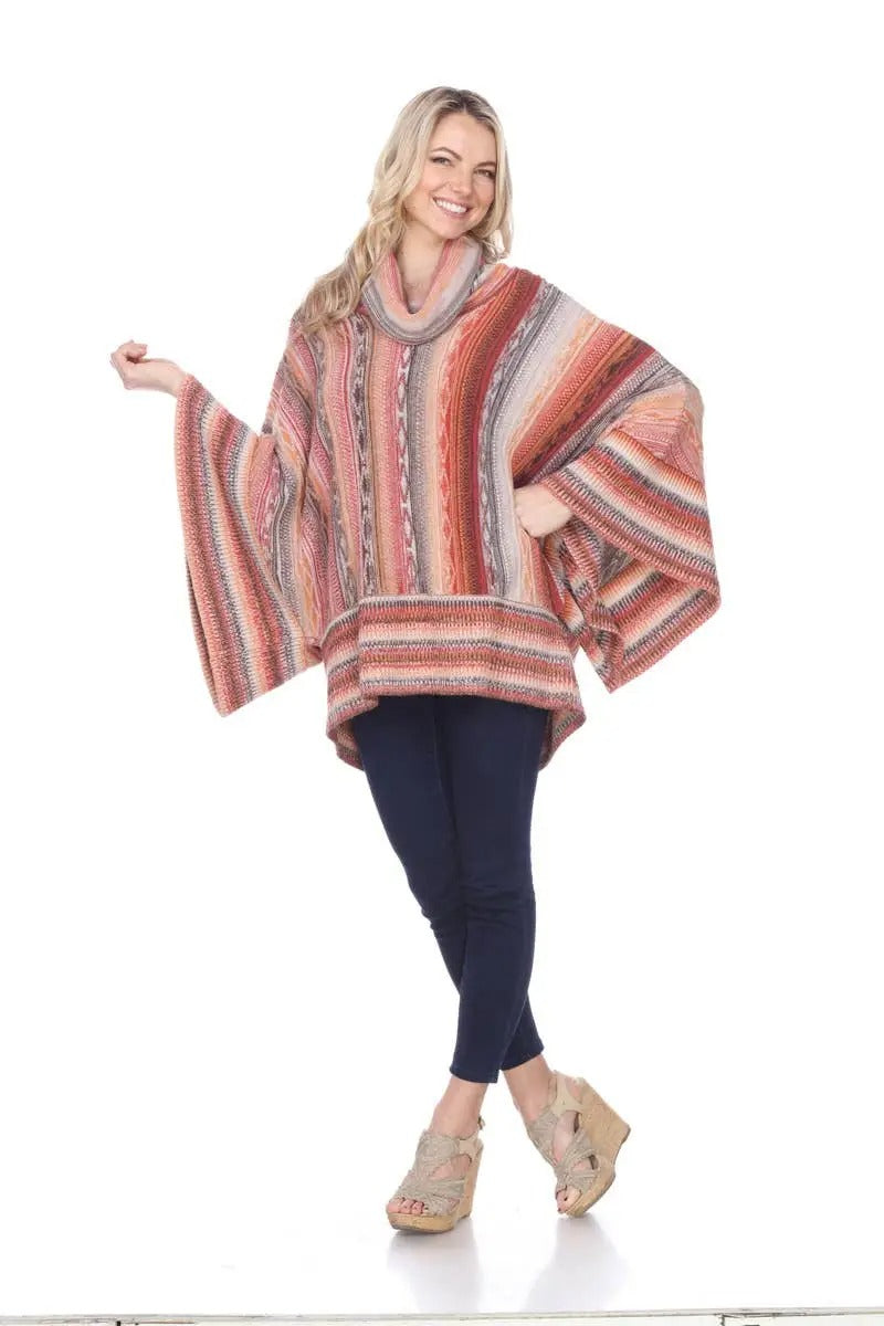 Women's Striped Cowl Neck Poncho Sweater