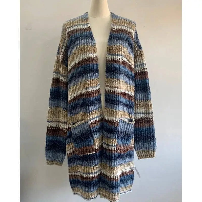 Women's Striped Knit Cardigan with Open Front