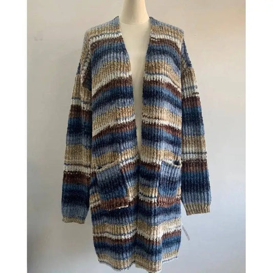 Women's Striped Knit Cardigan with Open Front