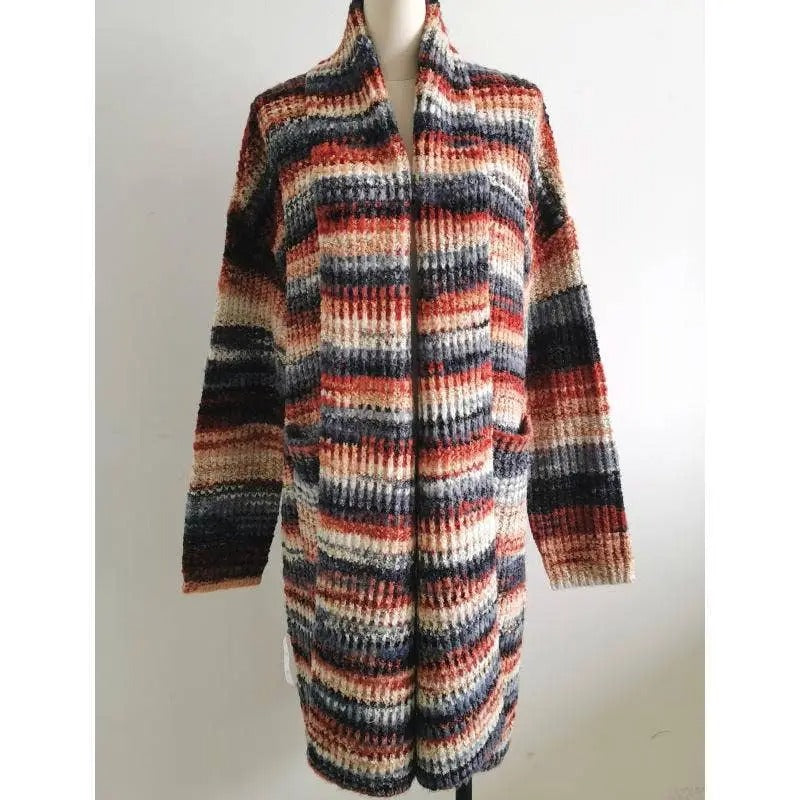 Women's Striped Knit Cardigan with Color Block Design
