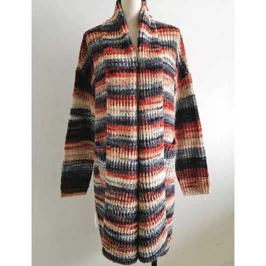 Women's Striped Knit Cardigan with Color Block Design