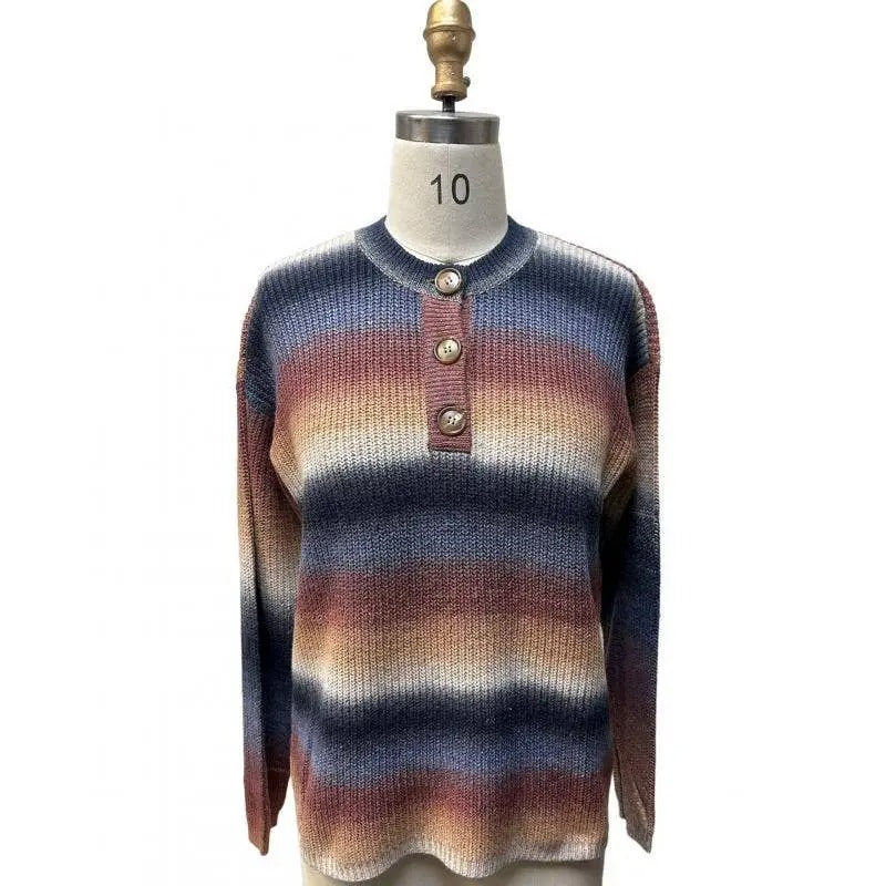 Women's Colorblock Striped Knit Top with Button Detail