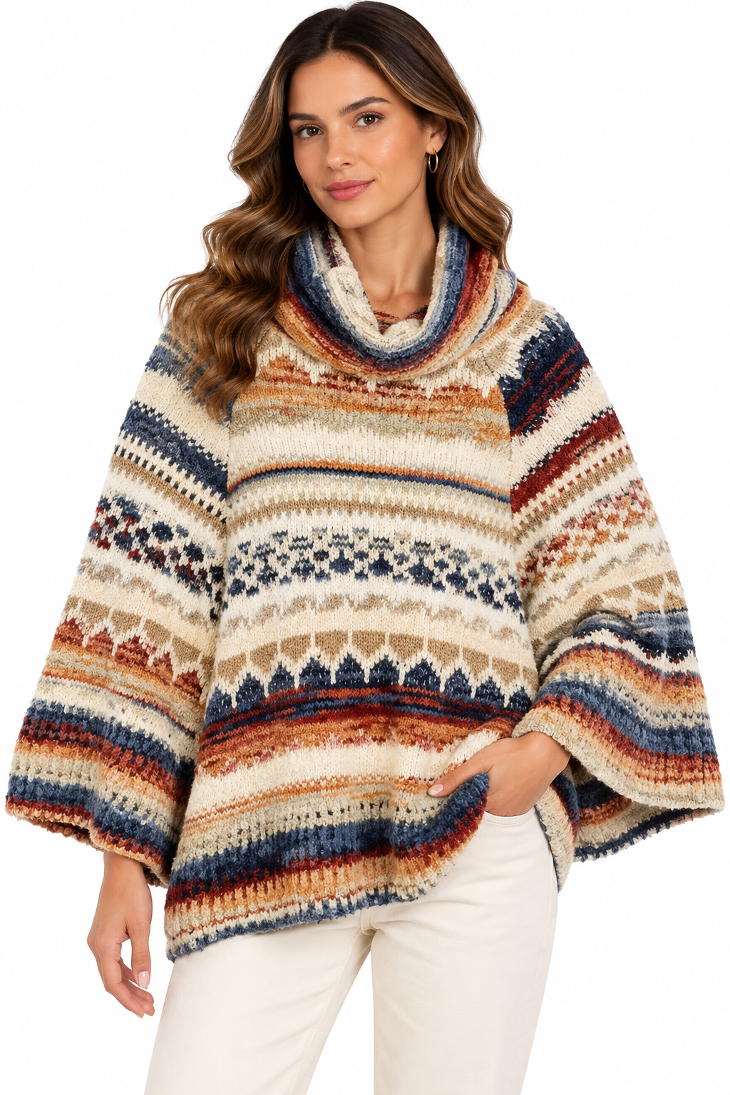 Women's Multi color Diamond Cowl neck Sweater Poncho