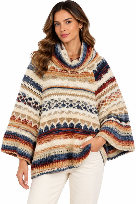 Women's Multi color Diamond Cowl neck Sweater Poncho
