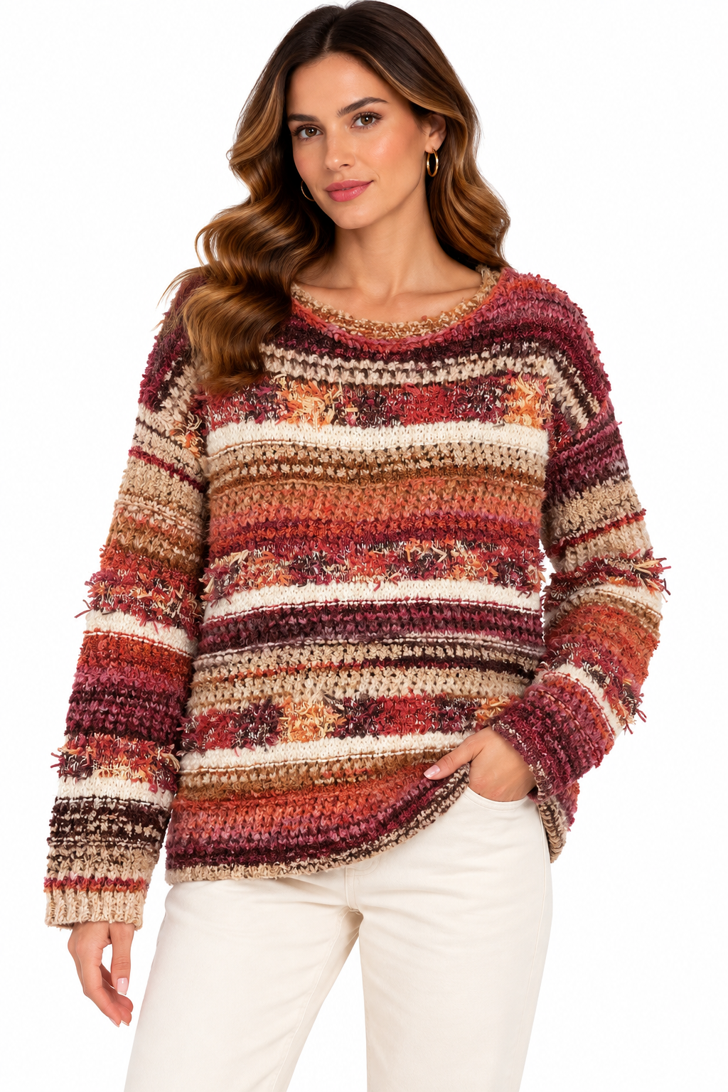 Women's Rust Ombre fringe Round neck sweater Top