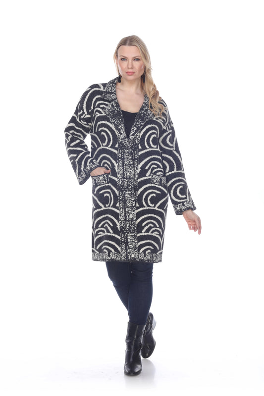 Women's Navy and Cream Patterned Button-Front Cardigan Coat