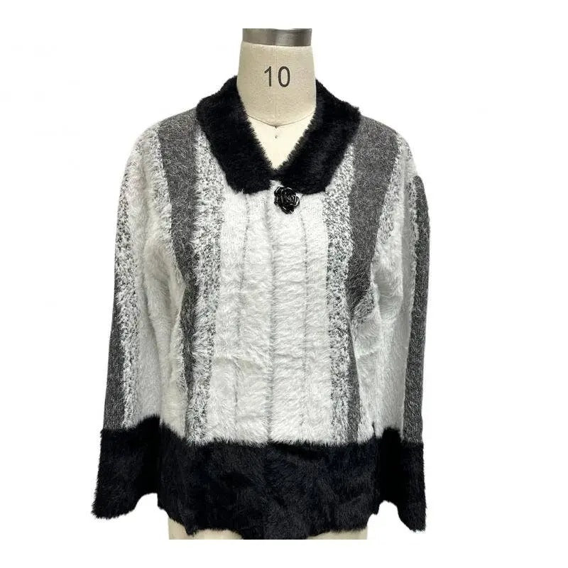 Women's Color Block Fuzzy Cardigan with Fur Collar and Trim