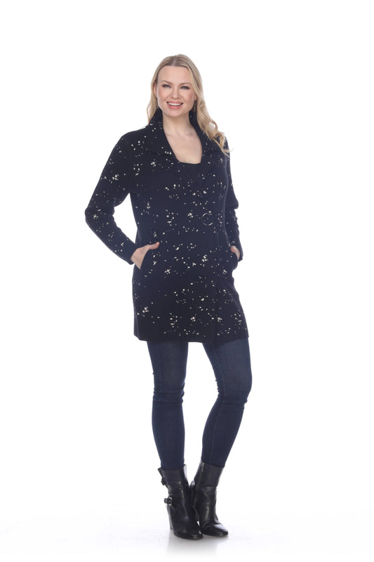 Women's Navy Speckled Knit Coat with Collar