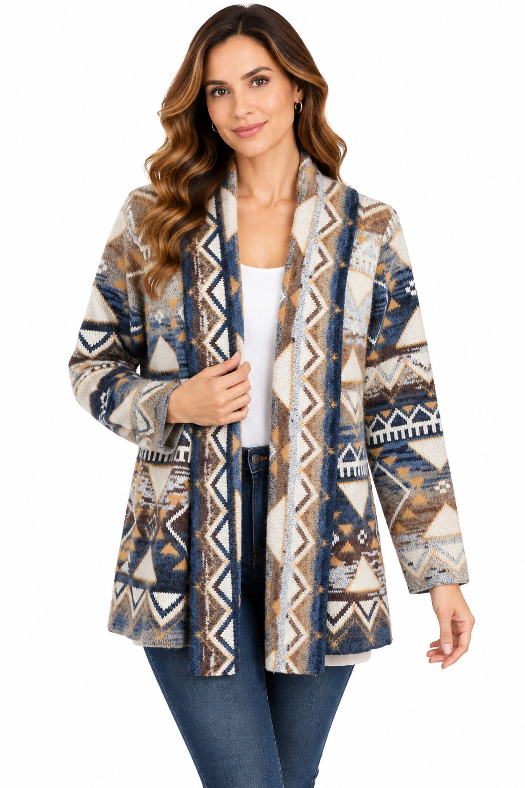 Women's Multi Blue Open Front Sweater Cardigan