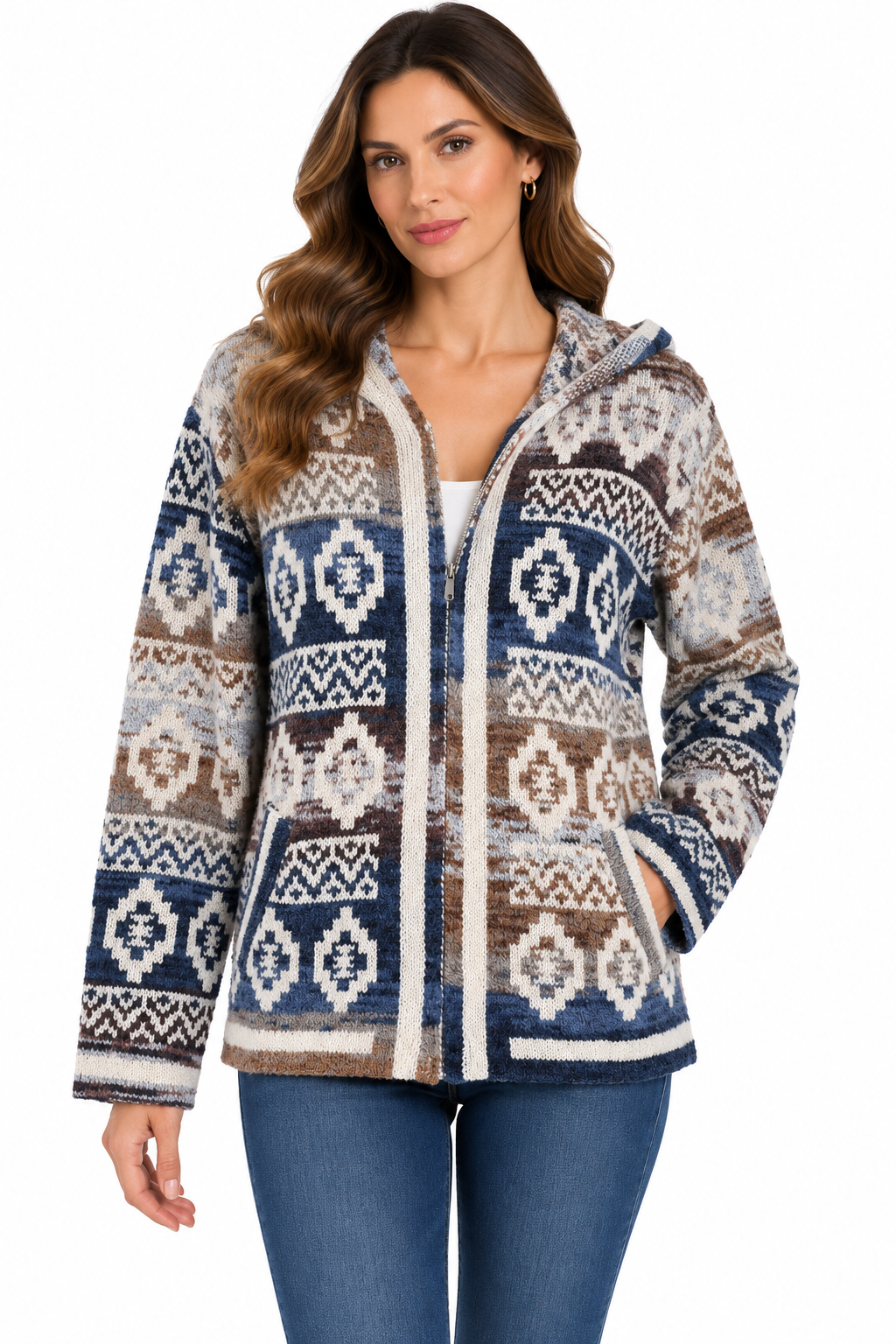 Women's Grey multi Aztec zip hood sweater Jacket