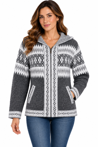 Grey and white multi artwork zip hood sweater Jacket