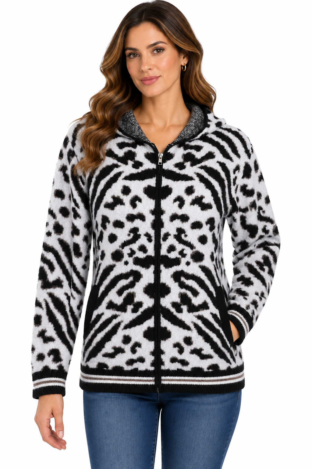 Black and white leopard zip hood sweater Jacket