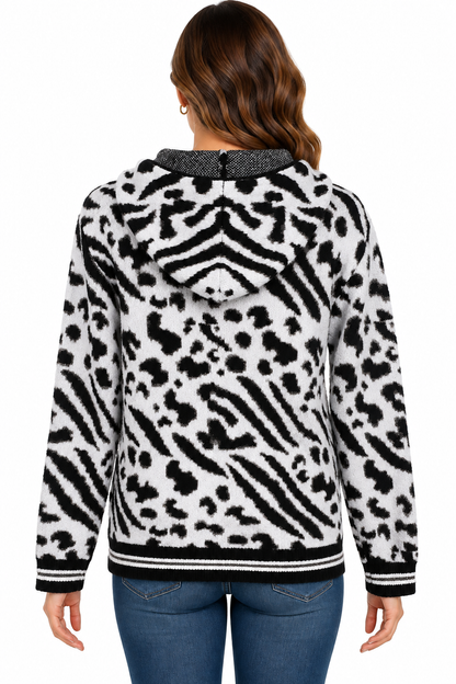 Black and white leopard zip hood sweater Jacket
