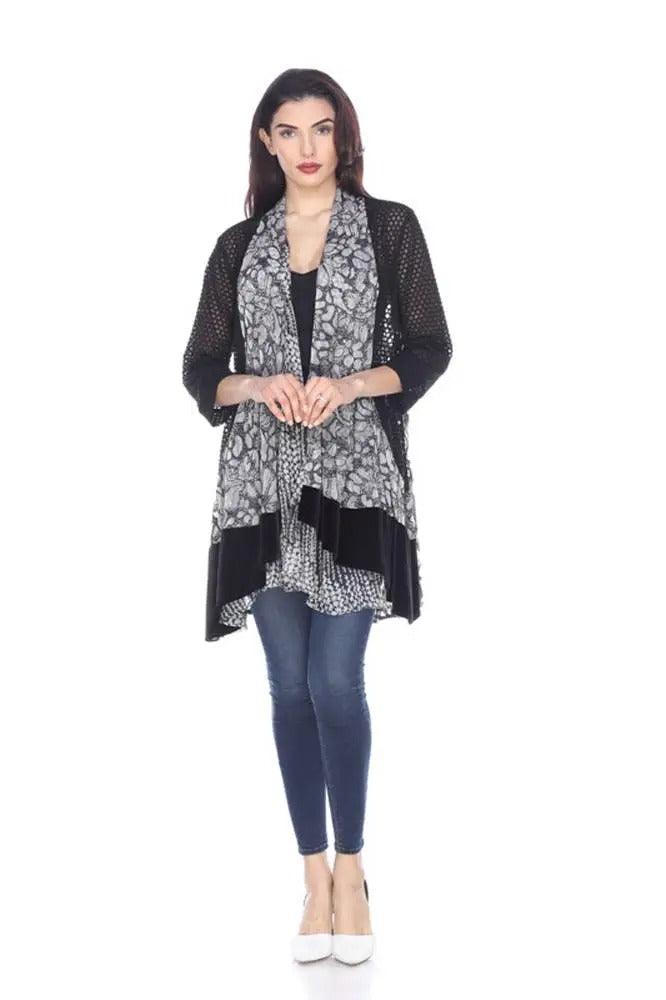 Women's Patterned Open Front Cardigan with Pointelle Knit Sleeves